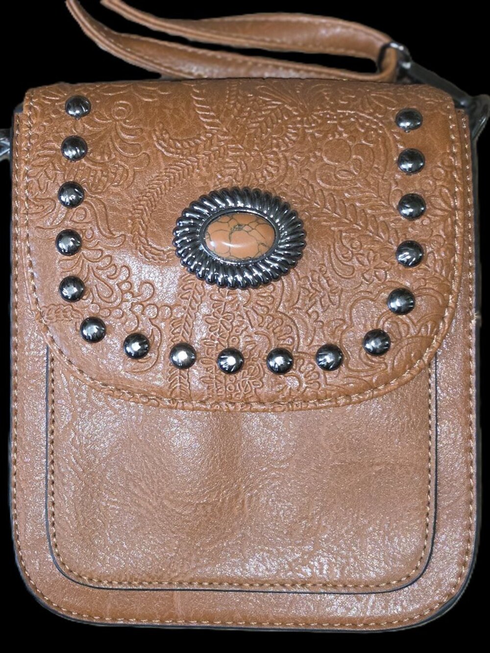TAN Faux Leather TAN STONE accent w key chain Women's Purse Western Embossed NWT